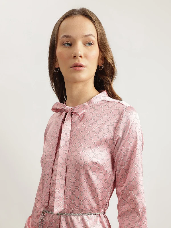 Iconic Women Pink Printed Tie-Up Neck Full Sleeves Shirt Dress