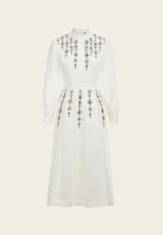 White Rhinestone Long-sleeved Evening Dress