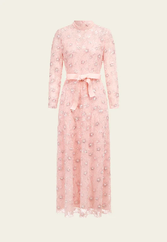 Pink Embroidered Lace Long-sleeved Dinner Dress