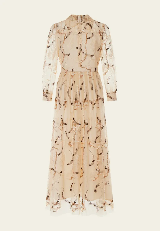 Beige Embroidered Collar Mesh Dress