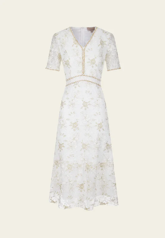 Embellished-trim Lurex Floral-appliqué Lace Dress