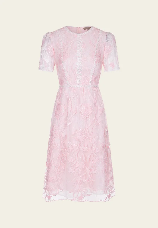 Lace-appliqué Floral-embroidery Puff-sleeve Dress