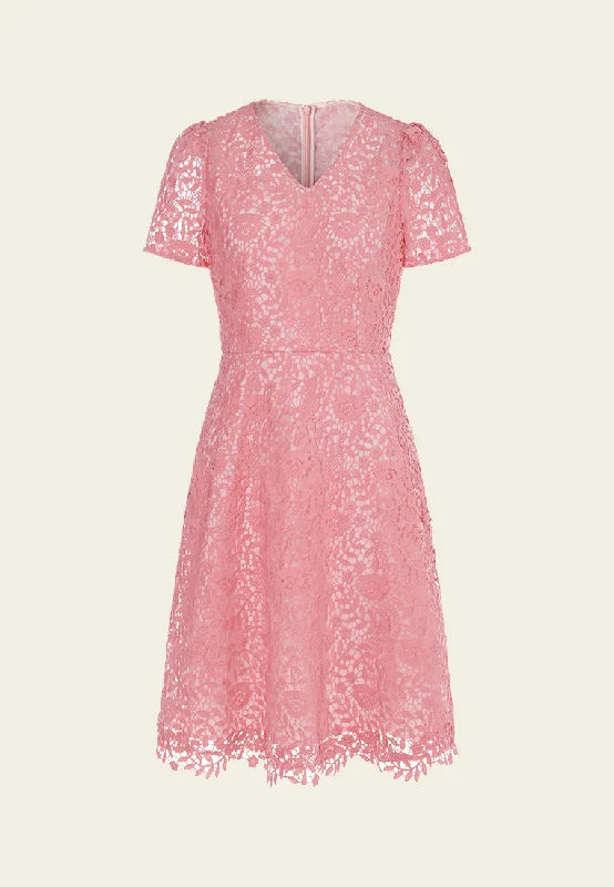 V-Neck Puff-sleeve Slim-cut Lace Dress