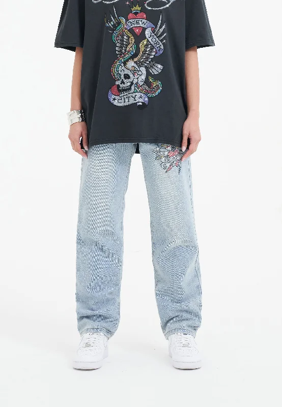 Womens True Death Diamante Straight Denim Trousers Jeans - Bleach