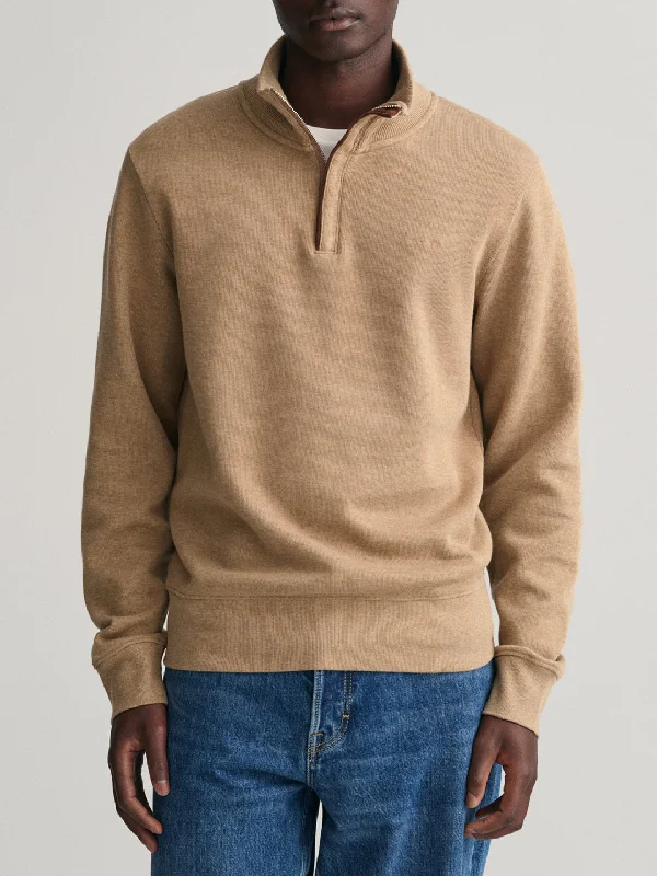 Gant Men Khaki Solid Full Sleeves Stand Collar Sweatshirt