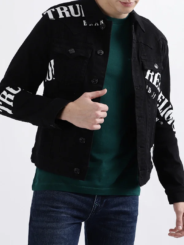 True Religion Men Black Printed Full Sleeves Collar Jacket