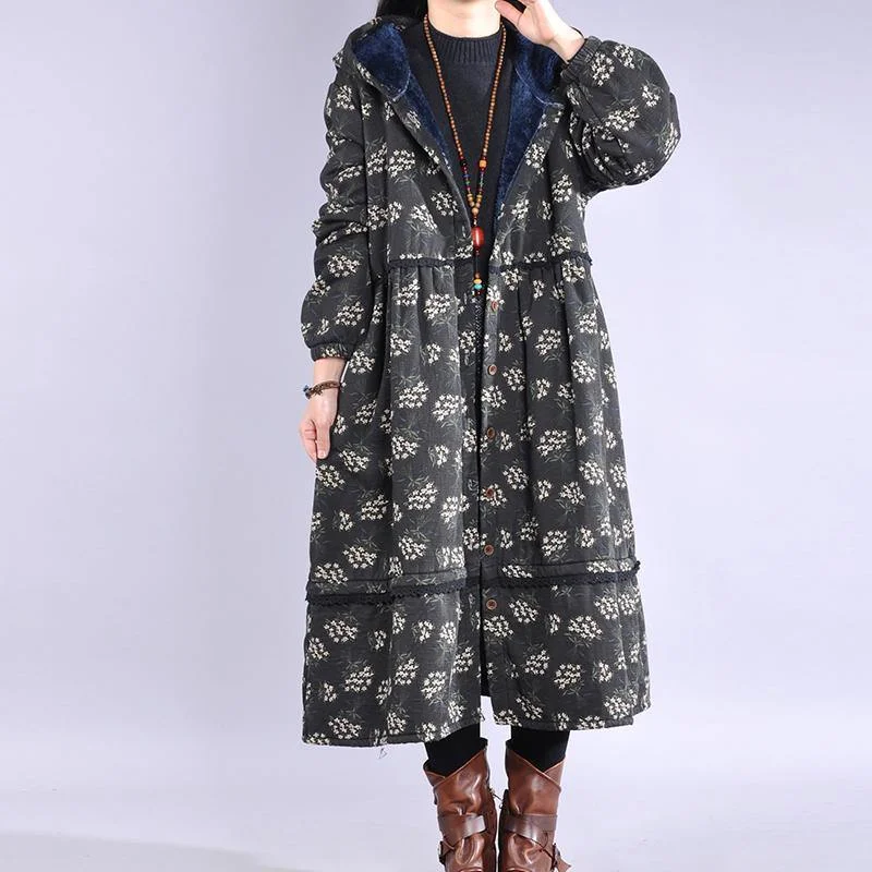 Casual trendy plus size warm winter coat black print hooded Button winter parkas