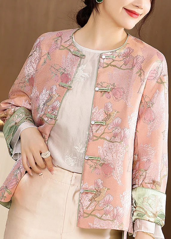 Cute Pink O-Neck Embroideried Print Button Coats Long Sleeve