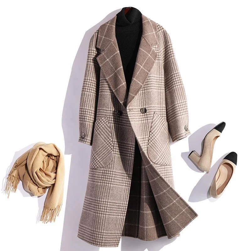 Elegant Beige Gray Plaid Wool Coat Plus Size Winter Coat Fall Women Coats Tie Waist