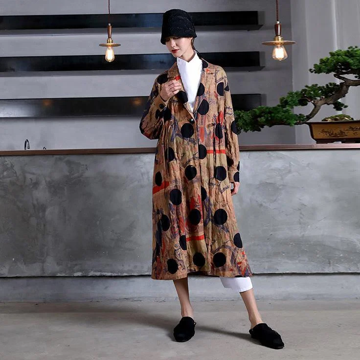 Elegant print dotted cotton overcoat plus size maxi coat Notched drawstring coat