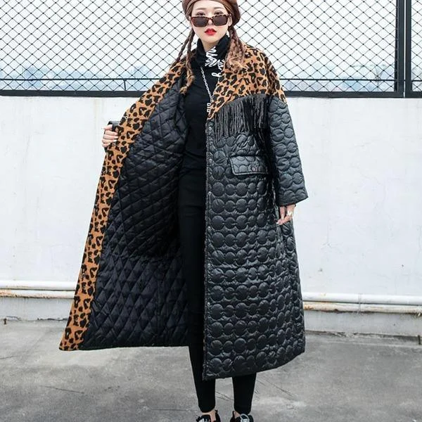 Elegant Tassel Leopard Plus Size Pocket Goddess Fan Winter Parkas Coat