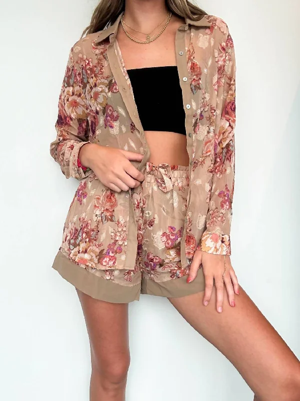 Floral Chiffon Shirt & Shorts Set In Beige