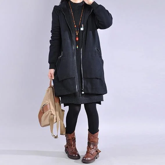 Modern black Fine Coats Women Wardrobes hooded zippered outwear