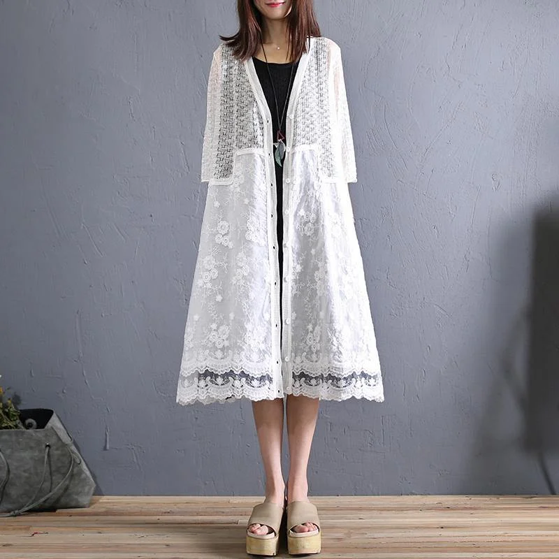 Original lace embroidery irregular ultra-thin ramie cardigan women's long sunscreen