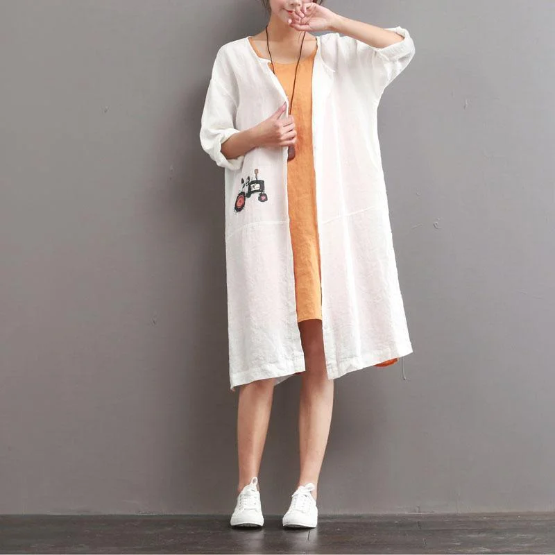 original white print summer linen long shirt casual loose tops short sleeve cardigans