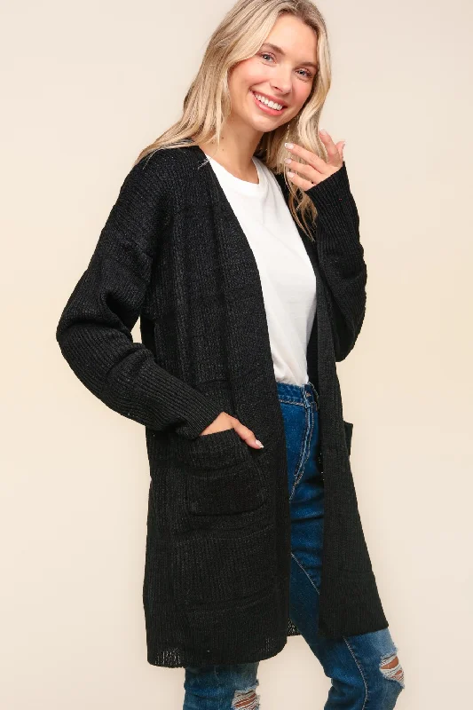 Stripe Textured Open Cardigan with Pockets in Black