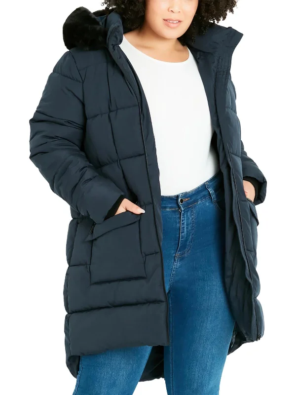 Womens Faux Fur Trim Cold Weather Quilted Coat